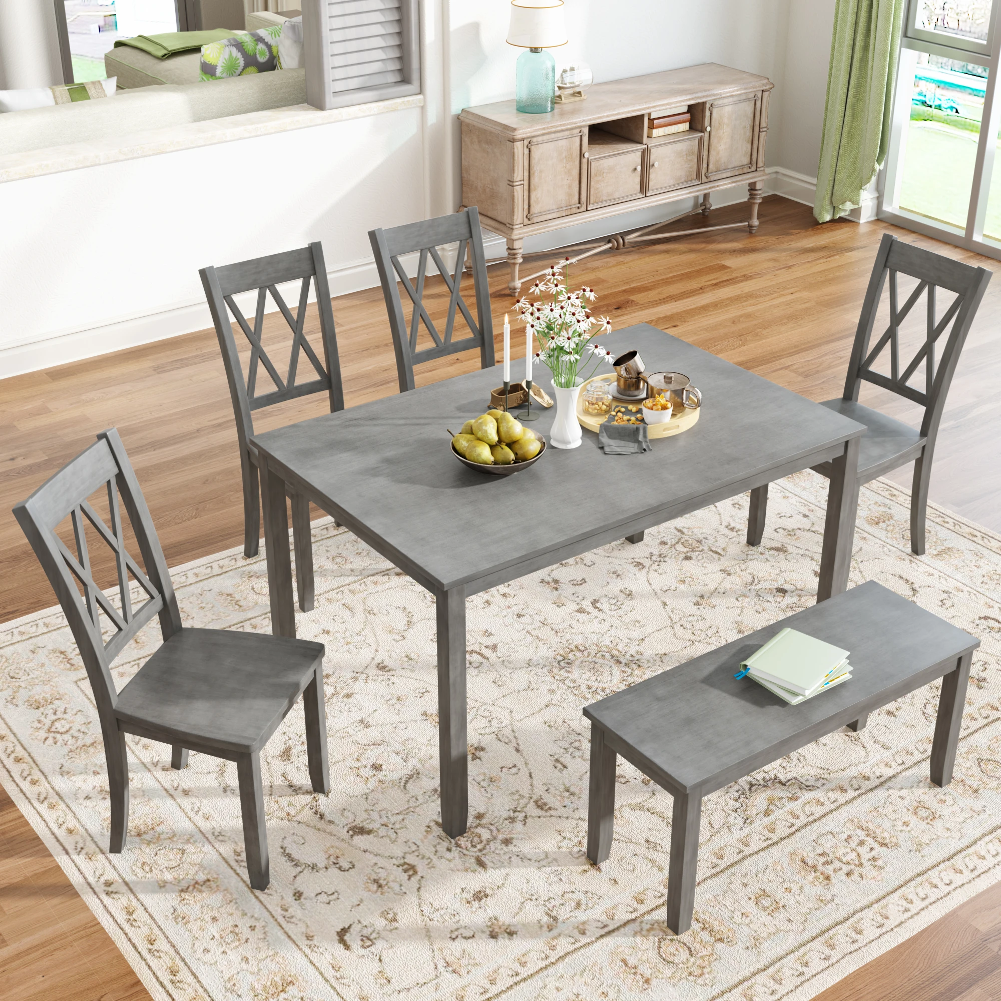 

Rustic Farmhouse 6-Piece Wooden Kitchen Table Set with Cross Back Chairs and Bench