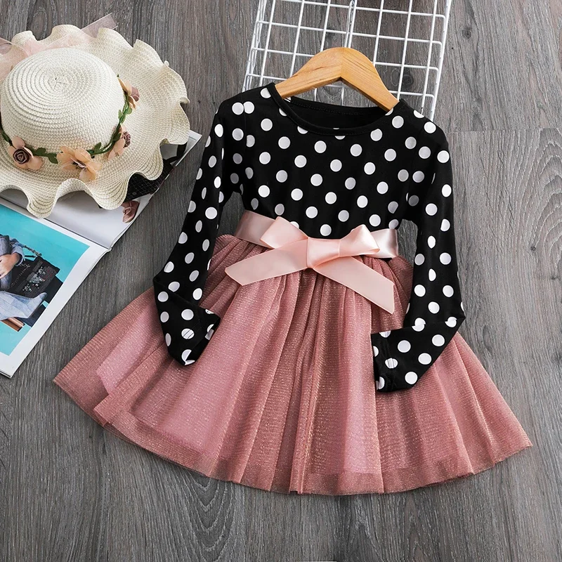 Long Sleeve Dress For Girl Polka Dot Bow Kid Clothes 2 3 4 5 6 Year Baby Tutu Birthday Outfit Party Wear Summer Dress Cloth