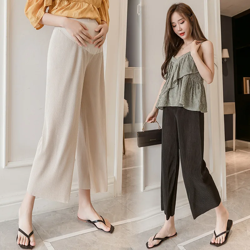 Summer Maternity Belly Trousers Thin High Waist Floor-length Pregnant Woman Pleated Pants Fashion Wide Legs Pregnancy Boot Cut