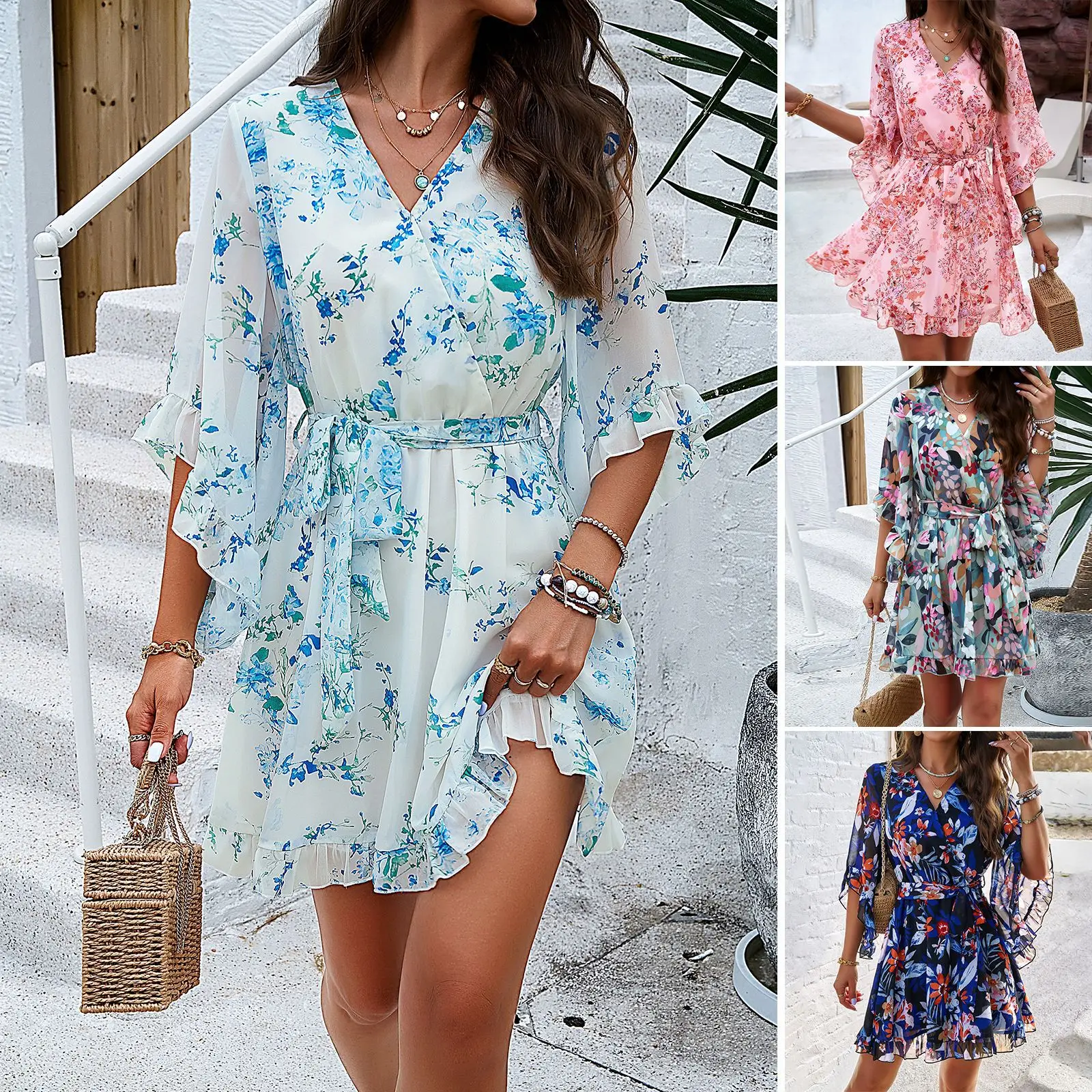 

2024 Fashion Spring and Summer Women Half Sleeve Flower Print Elegant V-neck Casual A-Line Knee-Length High Waist Dresses New
