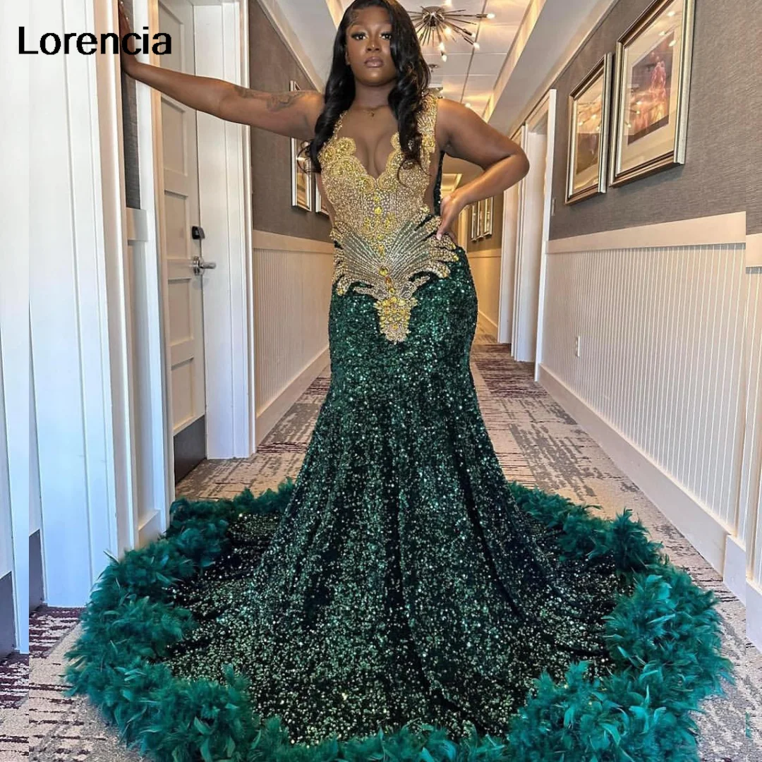 

Lorencia Sparkly Green Ruffles Sequins Mermaid Prom Dress Gold Beaded Rhinestone For Black Girls Birthday Party Gala Gown YPD172