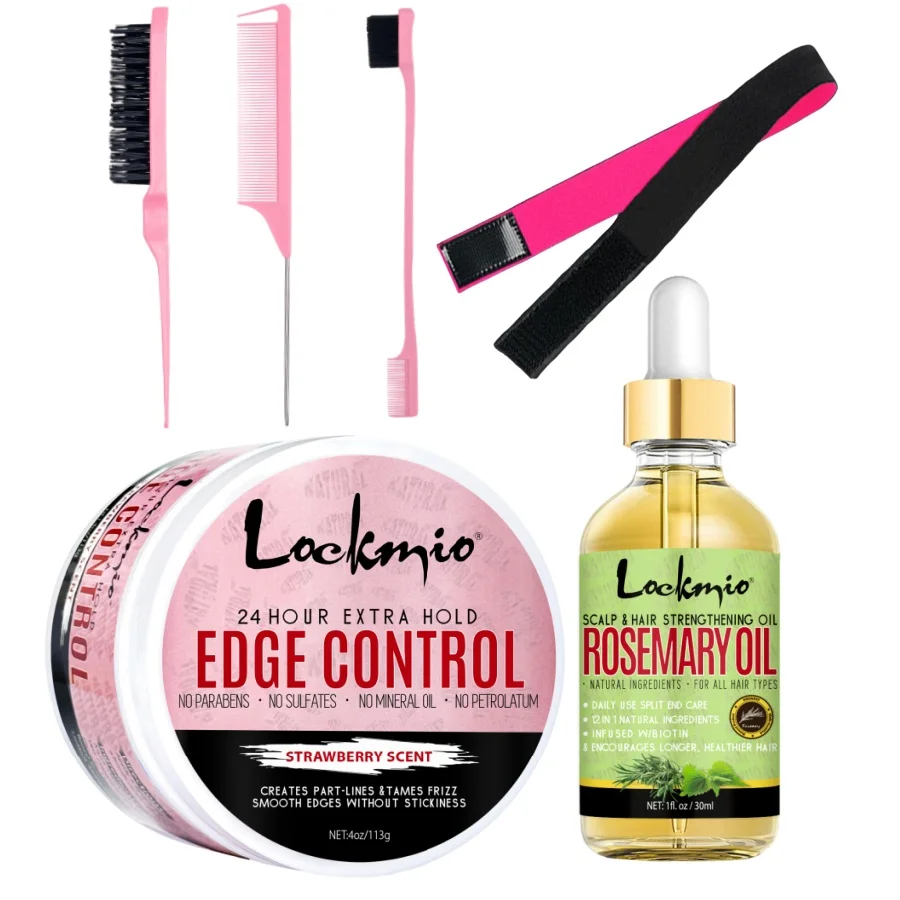LOCKMIO Hair Care Styling Kit Control Gel for Smoothing fixing Edge Hair Powerful Hold Gel Wax Rosemary Growth Essential Oil Kit