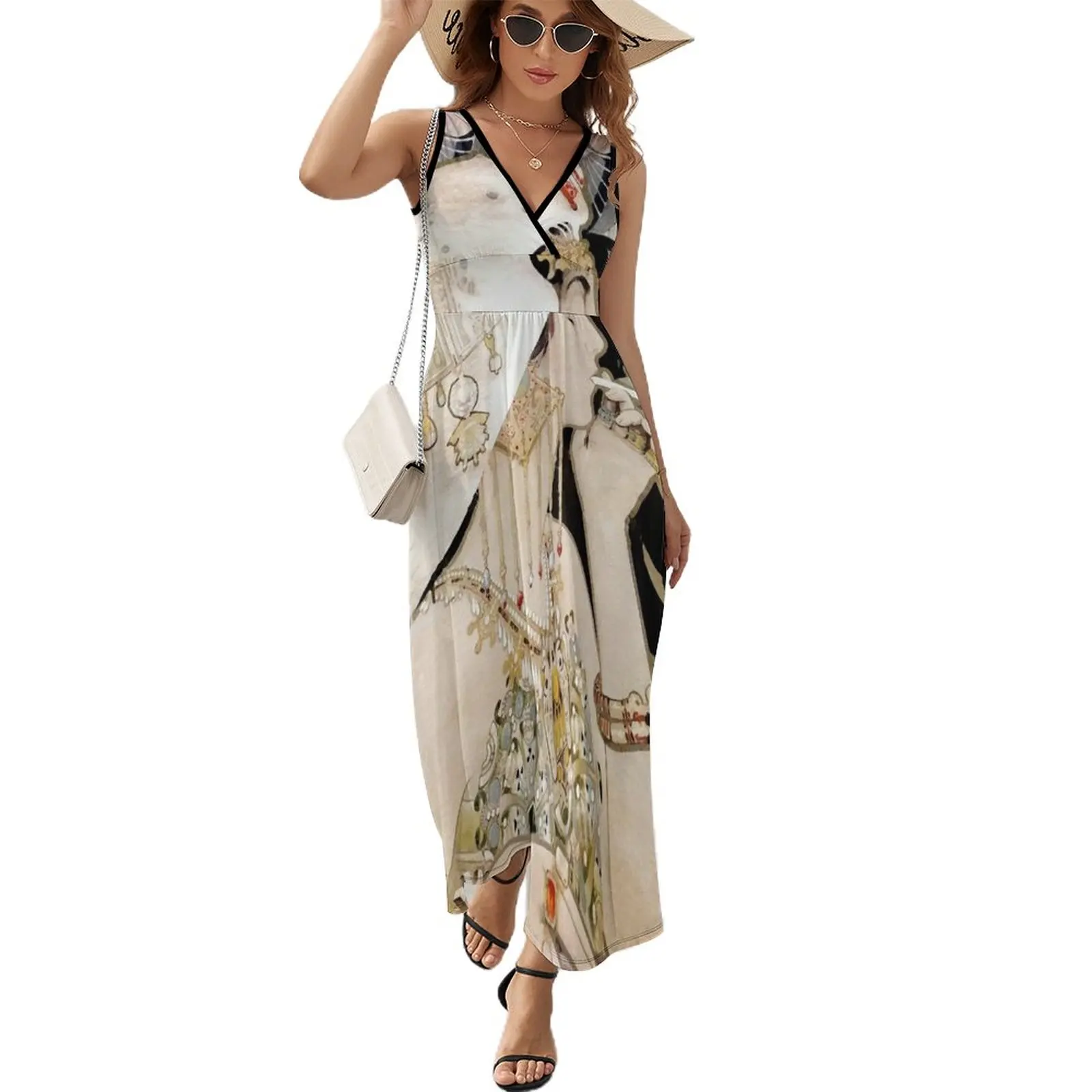 

French Fashion Art Nouveau Bejeweled smoking woman Sleeveless Dress women's elegant loose dresses womens clothing women dress