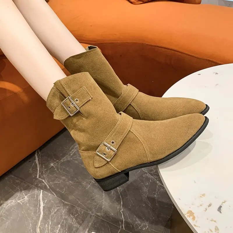 NEW Shoes Female 2024 High Quality Slip-on Square Heel Boots Autumn Fashion Women's Boots Pointed Women's Single Shoes Fashion
