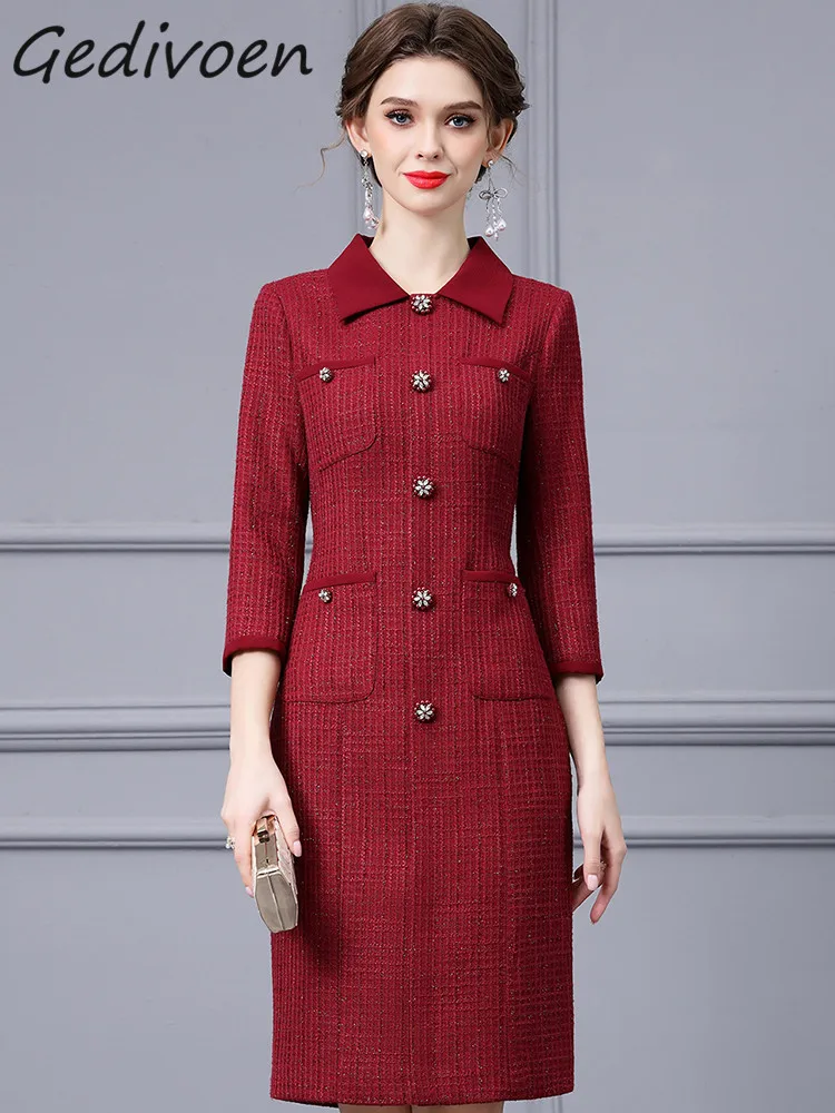 

Gedivoen Autumn Fashion Runway Wine Red Vintage Dress Women Lapel Button Pockets High Waist Package Buttock Slit Slim Midi Dress