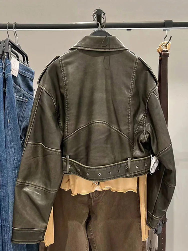 Traf Women Vintage Loose Pu Faux Leather Short Jacket with Belt Streetwear Female Zipper Retro Moto Biker Coat Outwear Tops