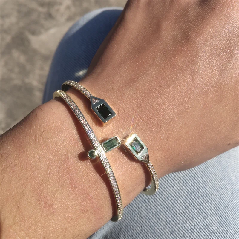 Fashion Green Cuff Bangles for Women Rectangle Zirconia Bracelets Christmas Party Jewelry,bangle bracelet,zirconia bangle