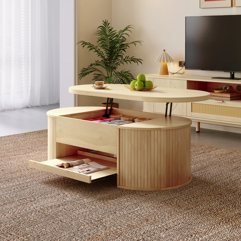 PINGGO Hebbarer Couchtisch mit gebogenen Holzseiten, ausziehbarer Ablage, anhebbarer Tischplatte, multifunktionale Wohnzimmermöbel – Detail 7