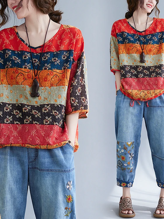 Casual Cotton Linen f Sve T-irt round Ne Loose Fit plus Size Women's Vintage Top Meat Concealing Slimming