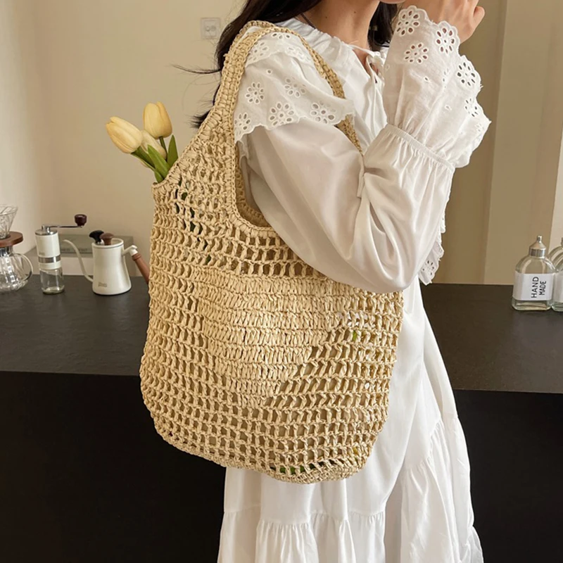 

Повседневная Соломенная Сумка с вырезами, универсальная сумка-клатч через плечо, простая текстура, небольшая яркость, для путешествий, пляжная сумка для женщин