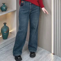 Plus Szie Women Fleece-lined Thickening Straight Jeans Winter Warm Loose Vintage Blue Casual Full Length Wide Leg Pants 6529-1