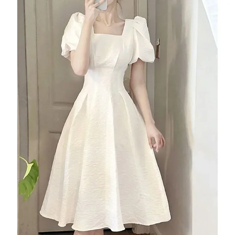 Korean Solid Puff Sleeve Dress Women White Elegant Slim Fashion Pretty Style Skirt Square Sweet Black Drape Female Clothes