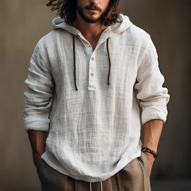 2025 nouveaux hommes blouse décontractée coton lin chemise hauts amples à manches longues t-shirt printemps automne décontracté hommes chemises à capuche 1