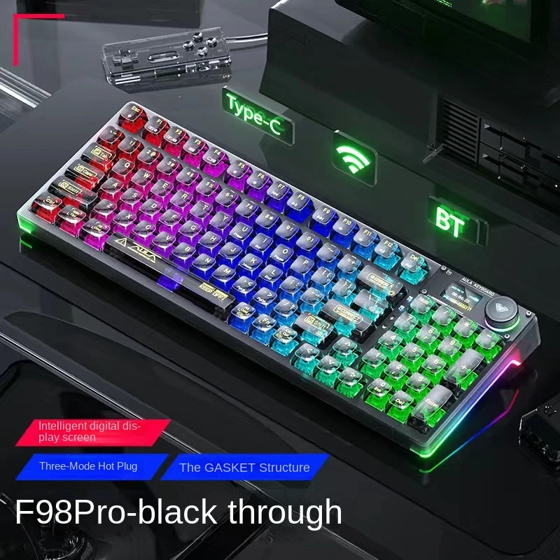 F98pro 투명 블루투스 트라이 모드 스마트 디스플레이 기계식 키보드, 맞춤형 아이스 크리스탈 개스킷 구조, 핫 스왑 가능