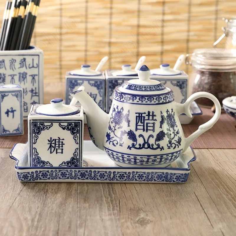 Blue and White Ceramic Canister Set Kitchen Chinese Vintage Spice Jars Salt Sugar Monosodium Glutamate Vinegar Chili Soy Bottle Seasoning jar,seasoning bottle organizer