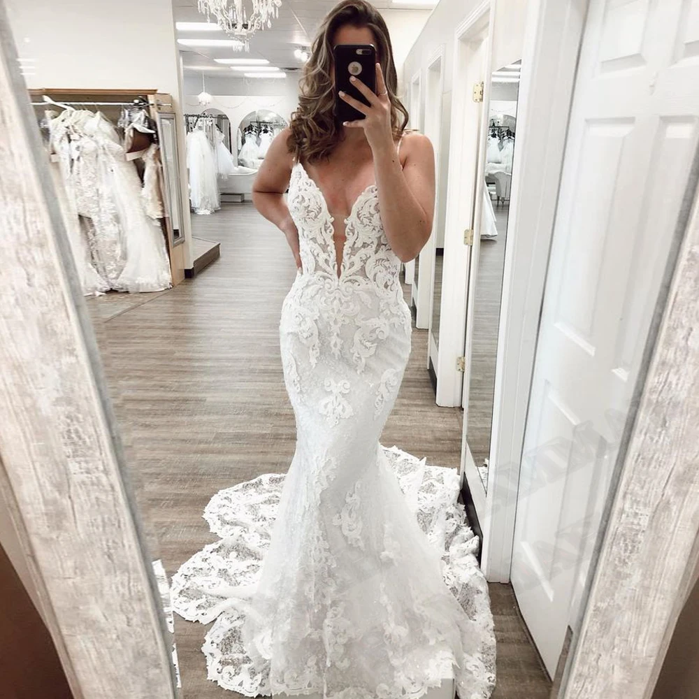 

HAMMAH Tulle Trumpet Wedding Dresses 2022 Bride Appliques Lace Deep V Neck Spaghetti Strap Engagement Sleeveless Sweep Train