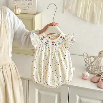 Abbigliamento per Neonati, Tutina Estiva in Cotone a Pois Colorati per Bambina, Grazioso Completo Casual per Gattonare