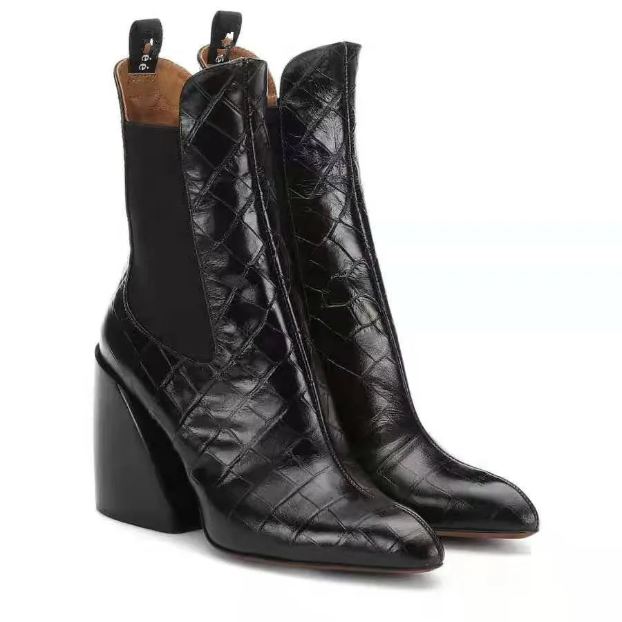 

Leather Custom Crocodile Pattern Locomotive Boots Retro Pointed Square Heel Heightening Casual Sleeve Sexy Women's Boots 34&43