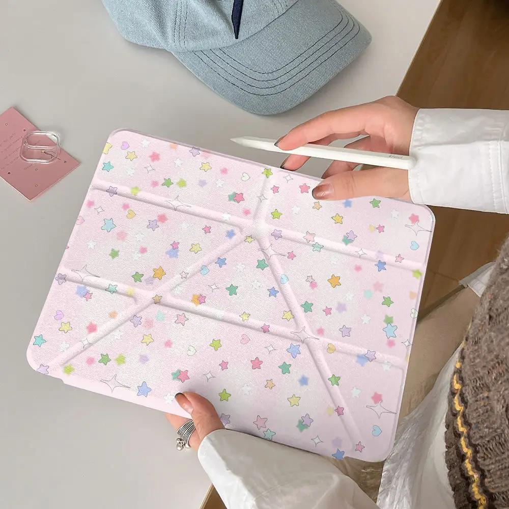 Enhanced Smart Case with Pen Holder - Pink Stars Design
