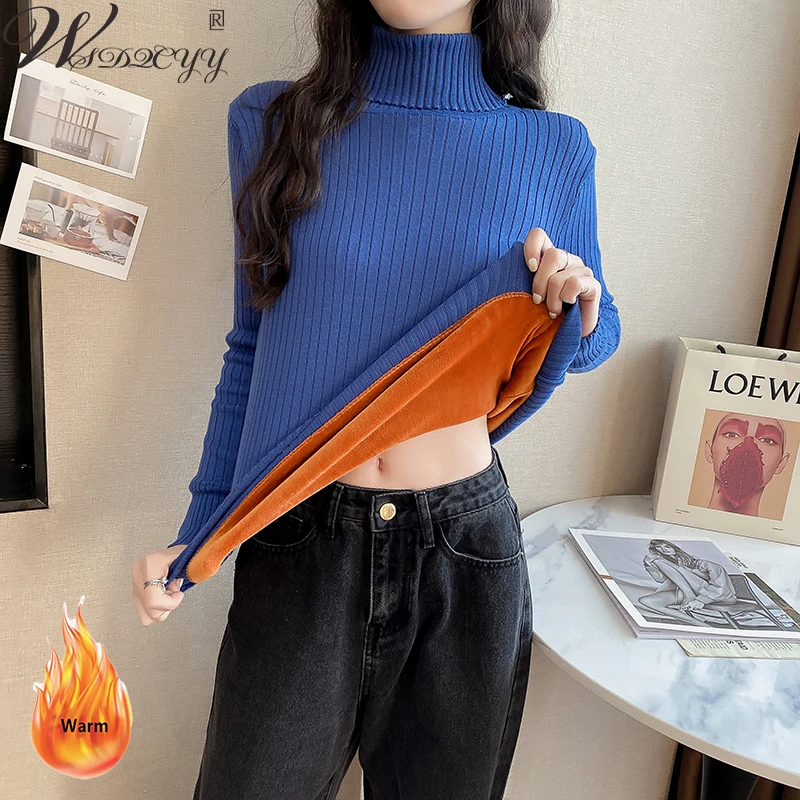 

Plus Velvet Half High Collar Sweater Women Thick Long Sleeve Knitwear Pullover Warm Solid Korean Fall Winter Knitwear Top 2xl