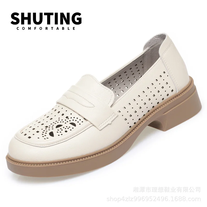 Summer New Fashion Cute Round Toe Soft Sole Non-slip Hollow Single Shoes Breathable Casual Soft Leather Women's Shoes