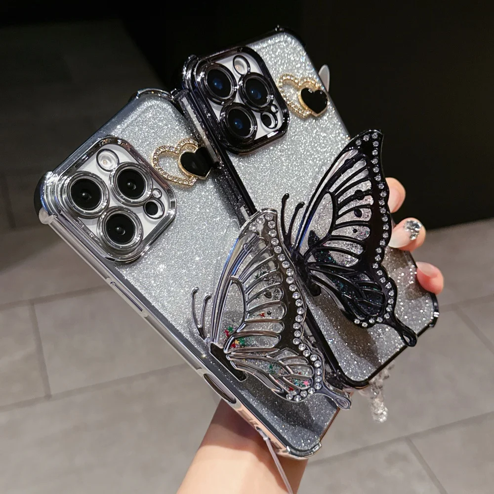 Elegant Butterfly Bracket Crystal Chain Phone Case - Luxury Protective Cover