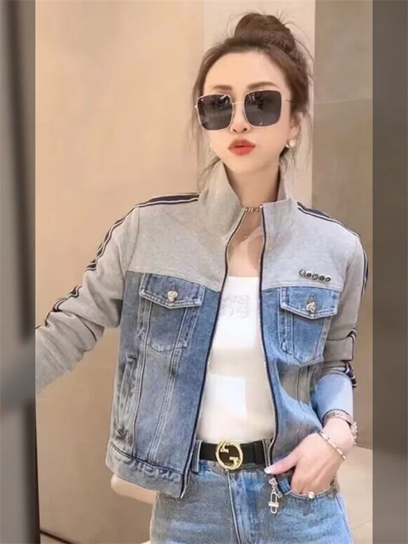 Autumn Women Stand-up Collar Zipper Denim Coat Korean Ladies Patchwork Cowboy Outwear 2025 Female Long Sleeves Jeans Jacket