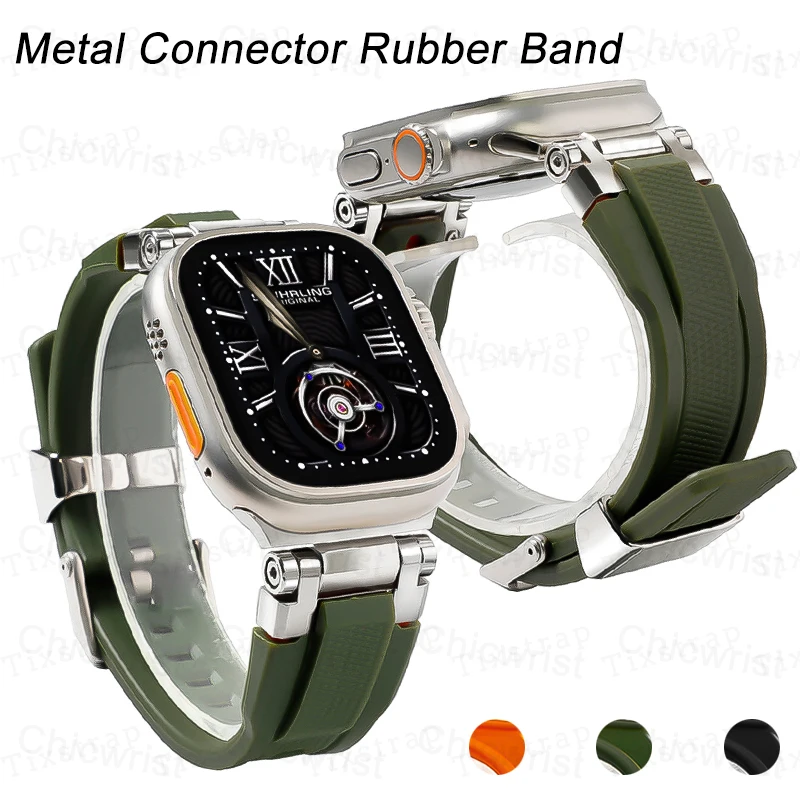 

Силиконовый ремешок для Apple Watch Ultra 2 49 мм 42 мм 44 45 мм, металлический разъем, Прочный Спортивный резиновый ремешок для Iwatch 9 8 7 6 5 4 SE, ремешок