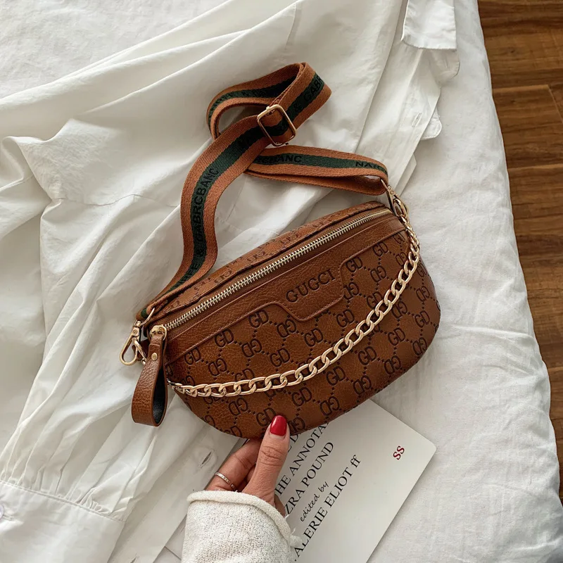 Fashion Simple Women's Waist Bag Chain Shoulder Crossbody Bag Hundred Ladies Chest Letters Printing PU Material pu crossbody bag