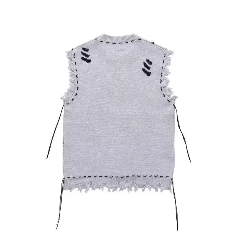 Men's Knitted Sweaters Hippie Sleeveless Vest Torn Icon Waistcoat with Holes Classic Over Fit Knit Aesthetic Meme