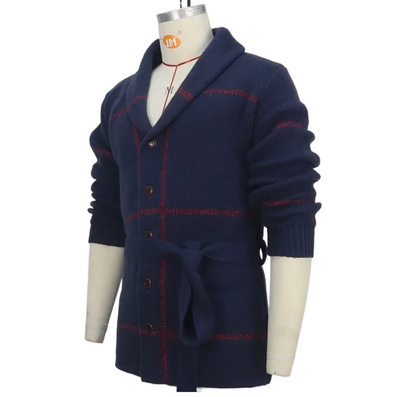 Men's Sweater Coat Vintage Line Jacquard Thickened Mid-length Cardigan with Belt Long-sleeved Sweater Coat