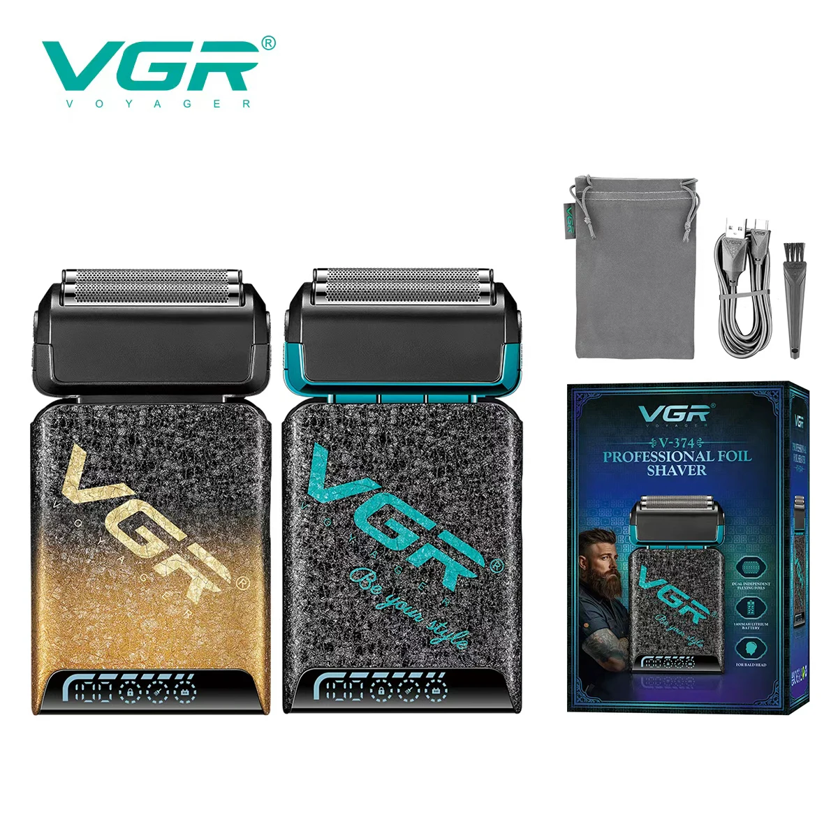 VGR V-374 신형 남성용 면도기 왕복식 블레이드 그라데이션 컬러 아이스 크랙 바디 고급 면도기 LED 지능형 디지털 헤어 화이트닝