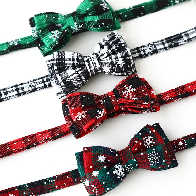 Christmas Bowknot Cat Small Dog Collar with Bell Plaid Snowflake Adjustable Breakaway Pet Puppy Kitten Buckle Necklace 3