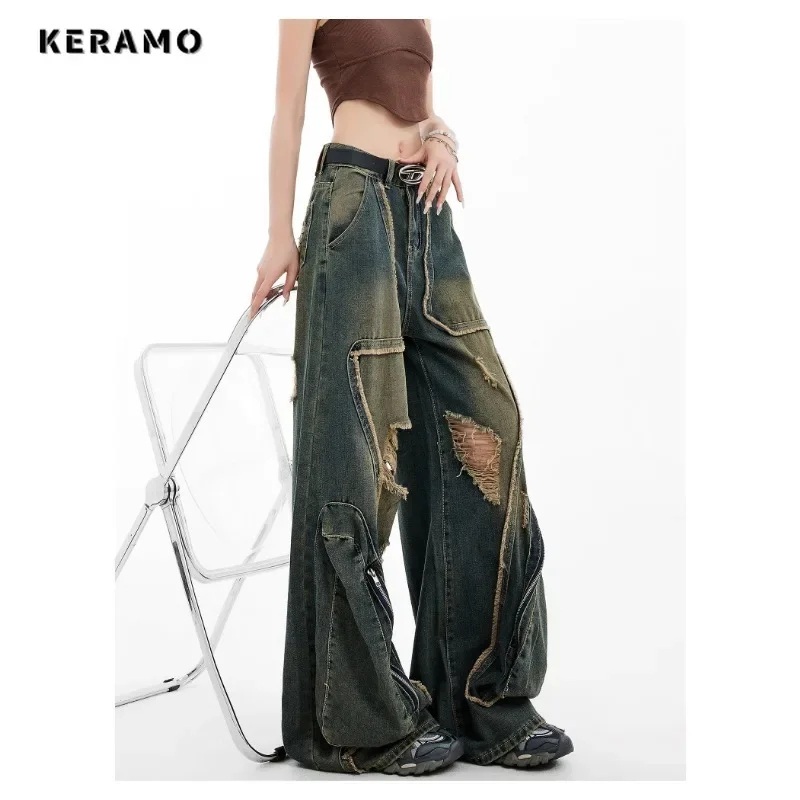 Women's Casual Ripped Harajuku Jeans Y2K Wide Leg Punk Baggy Denim Trouser Autumn Vintage Zipper Emo Loose Washed Pants