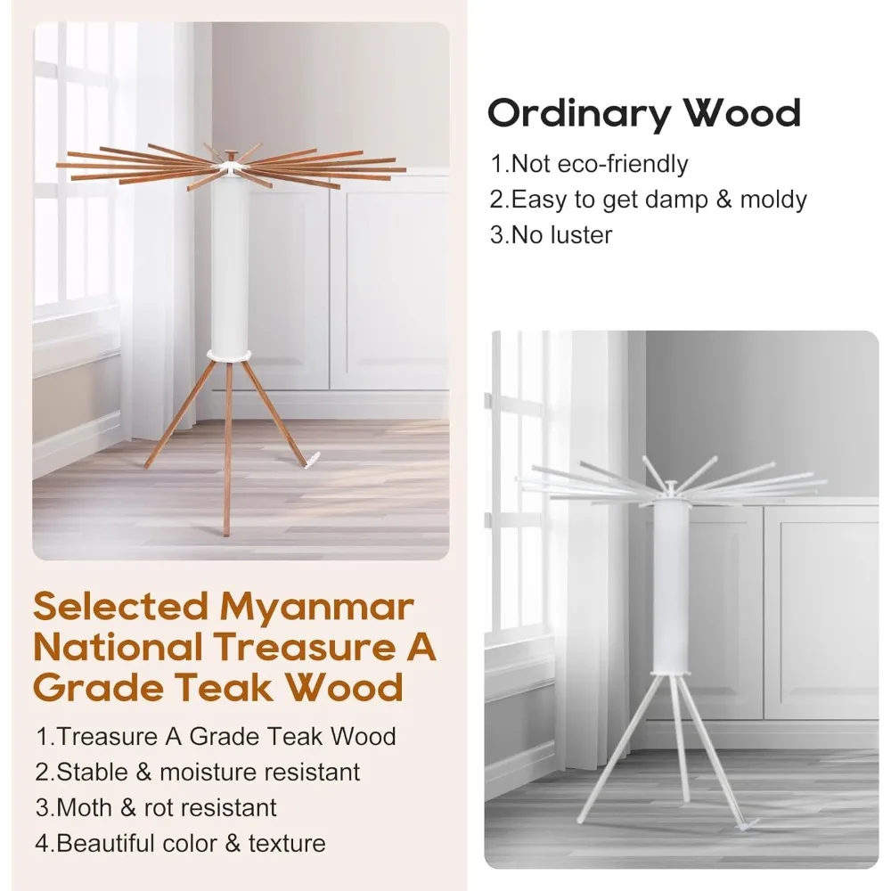 Portable Teak Tripod Clothes Drying Rack, Foldable Space & Saving Design, Versatile Laundry with 16 Waterproof Wood Rods 2