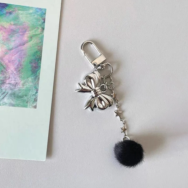 

Y2K Korean Bowknot Furry Ball Keychain Vintage Metal Bow Keyring Car Key Holder Girls Bag Pendant Decoration