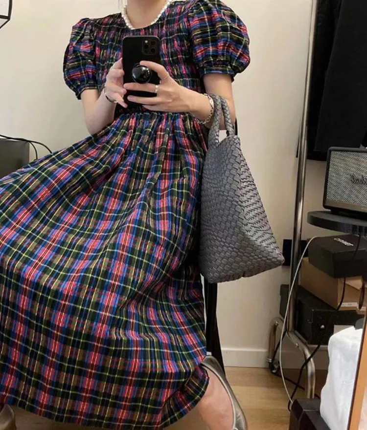 

Vintage Plaid Color Contrast Long Dress Woman Elegant Round Neck Puff Sleeves High Waist Pleated Dresses Summer