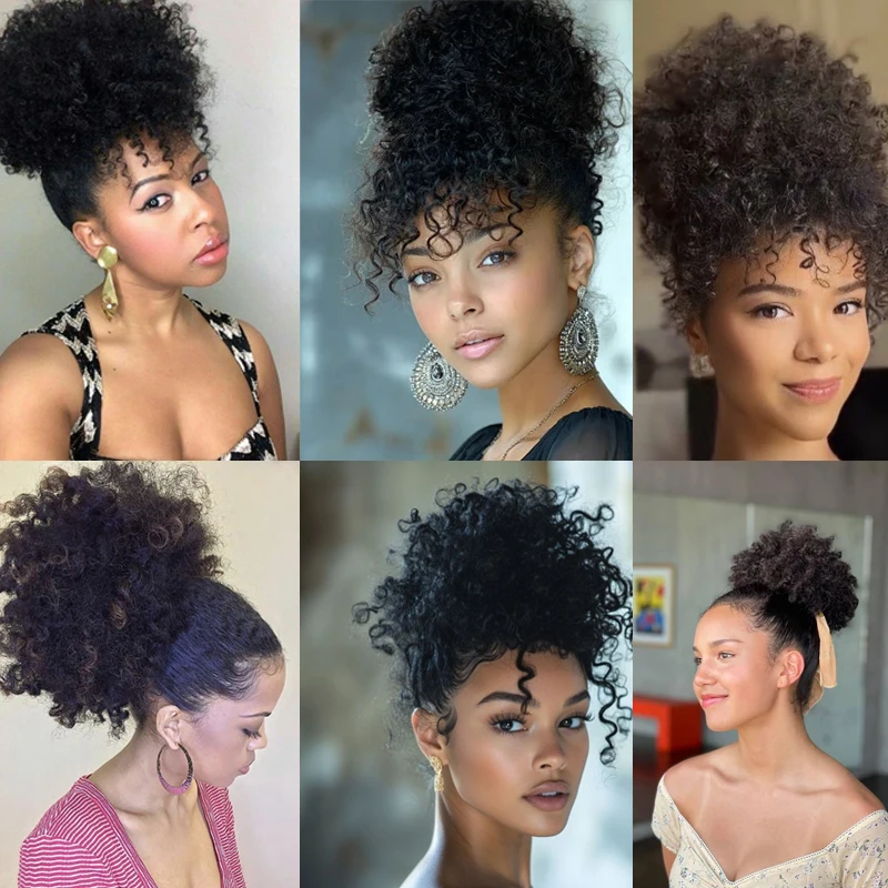 Synthetic Afro Puff Drawstring Ponytail 6inch Kinky Curly Bun Hair Piece with Clips for Black Women Daily Wear