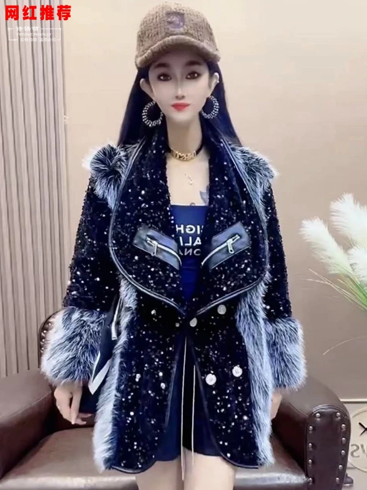 European Winter New Fashion Fur Stitching Double Face Wool Leather Mid-Length Coat Women's Heavy Sequins Long Sleeve Jackets