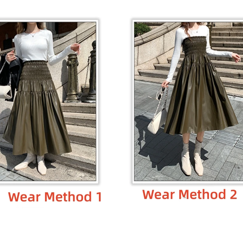Qiukichonson PU Autumn Winter Long Skirt Korean Fashion Elegant Ladies Elastic High Waist A-Line Midi Pleated Skirt Black Gonna