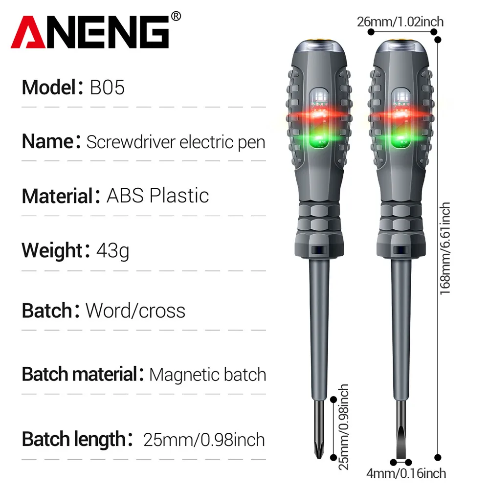 ANENG-Stylo électrique isolé pour électricien, testeur de poche, outils de stylo, indicateur d'ampoule néon, tournevis en croix, point culminant, B05 Word