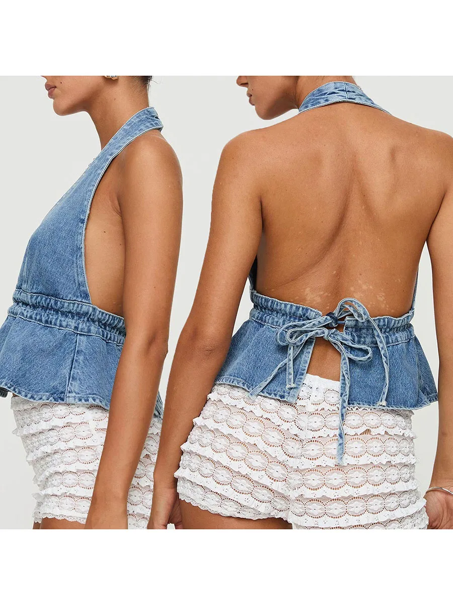 Sexy V-Neck Lace Camisole Spaghetti Strap Sleeveless Tank Top Backless Solid Color Summer Blouse for Beach Party Nightclub