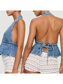 Sexy V-Neck Lace Camisole Spaghetti Strap Sleeveless Tank Top Backless Solid Color Summer Blouse for Beach Party Nightclub 3