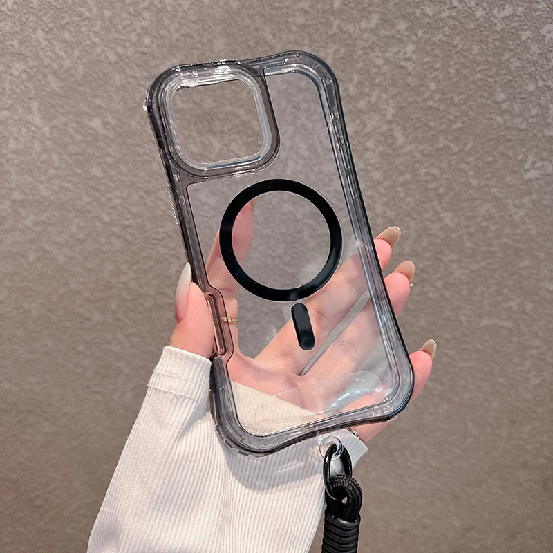 Heavy Duty Clear Shockproof Magnetic Phone Case with Magsafe Charging and Lanyard Attachment