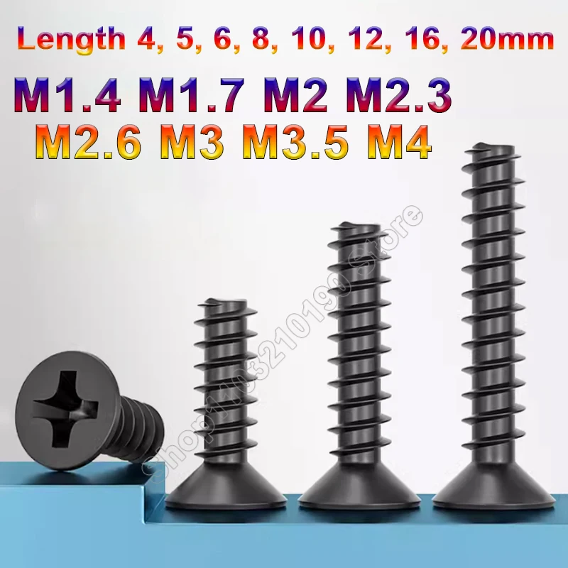 

Mini Micro Small Cross Phillips Countersunk Flat Head,Flat Tail,Self Tapping Screws,Black Zinc,M1.4,M1.7,M2,M2.3,M2.6,M3,M3.5,M4