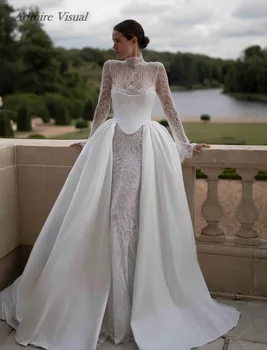 Admire Visual Wedding Dress Mermaid Lace 3 in 1 High Neck With Detachable Train Customized Bride Gowns 1