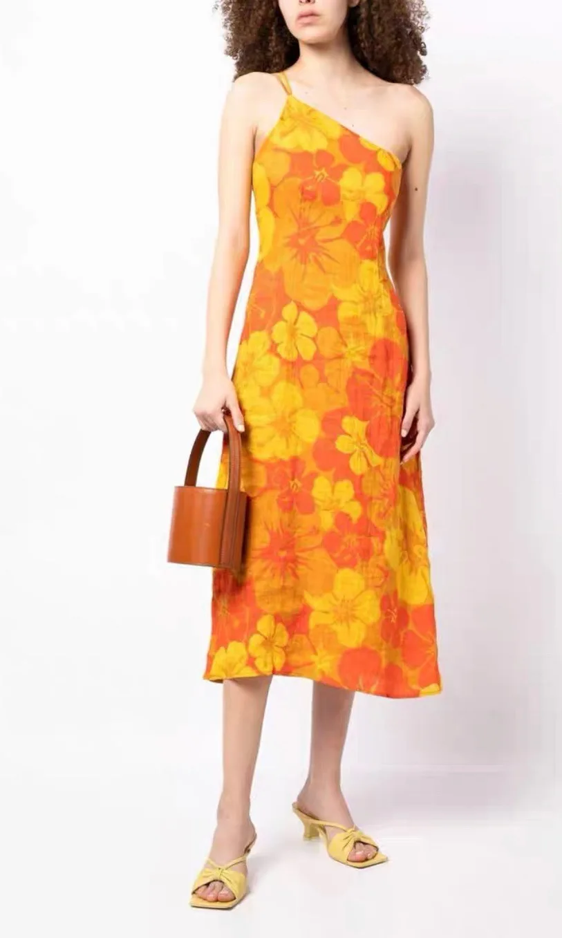 

Women Midi Dress One-Shoulder Printed Sleeveless Bohemian Robe