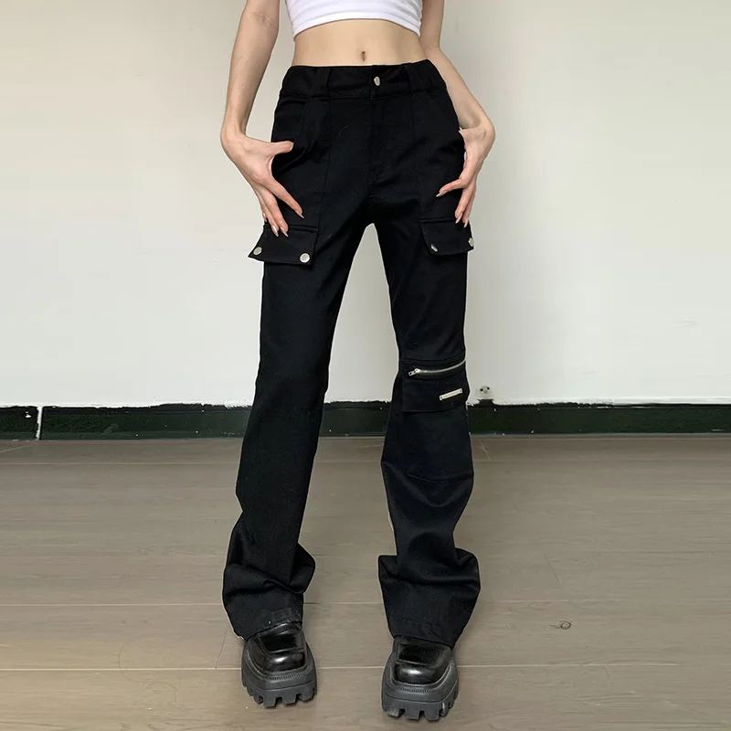 

New Fashion Women Goth Pants Solid Color Mid-waist Pocket Patchwork Gothix Style Casual Ladies Pants For Whole Season