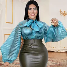 

Women Striped Blouse 2022 New Fashion Bowknot Collar Puff Sleeves Sexy Button Long Sleeve Spring Shirts Office Blouses Elegant