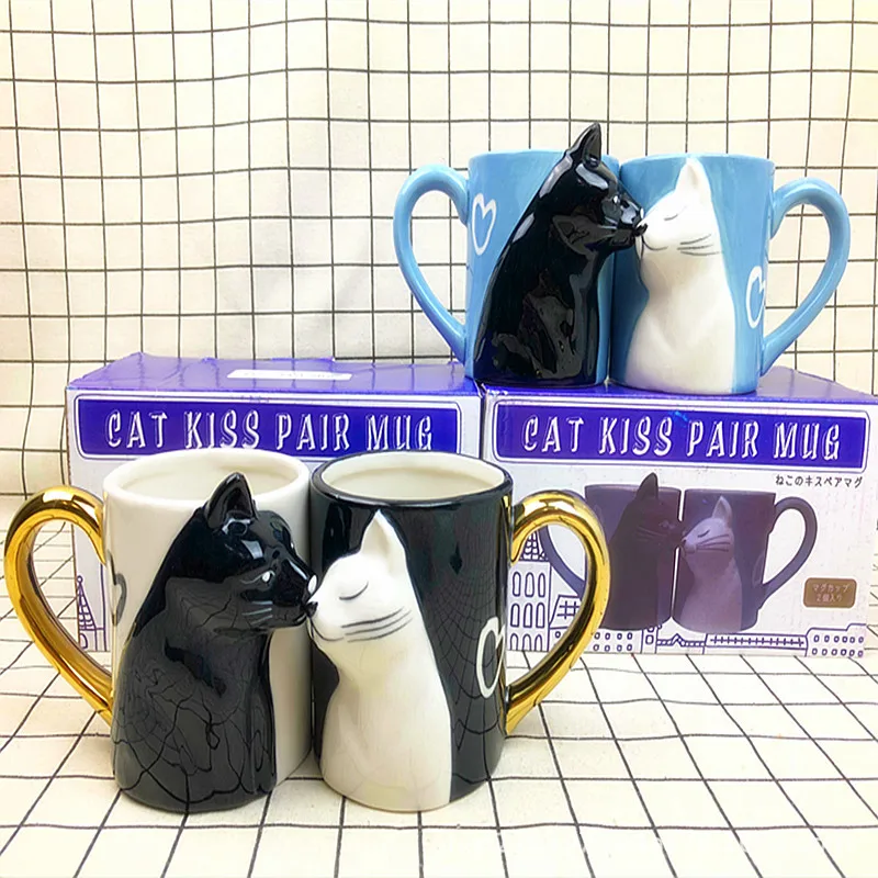 

2pcs Kiss Cat Cups Couple Ceramic Handmade Mugs Married Couples Anniversary Breakfast Milk Coffee Tea Cup Valentines Day Gift
